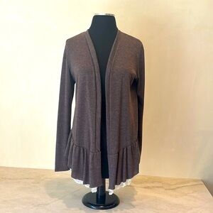 NWOT. Mai Tai Brown Lace Trim Cardigan L Boho Open Front Vintage Inspired.